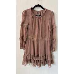 By Anthropologie Lace Pleated Mini Dress Mauve Brown Long Sleeve Sz Small