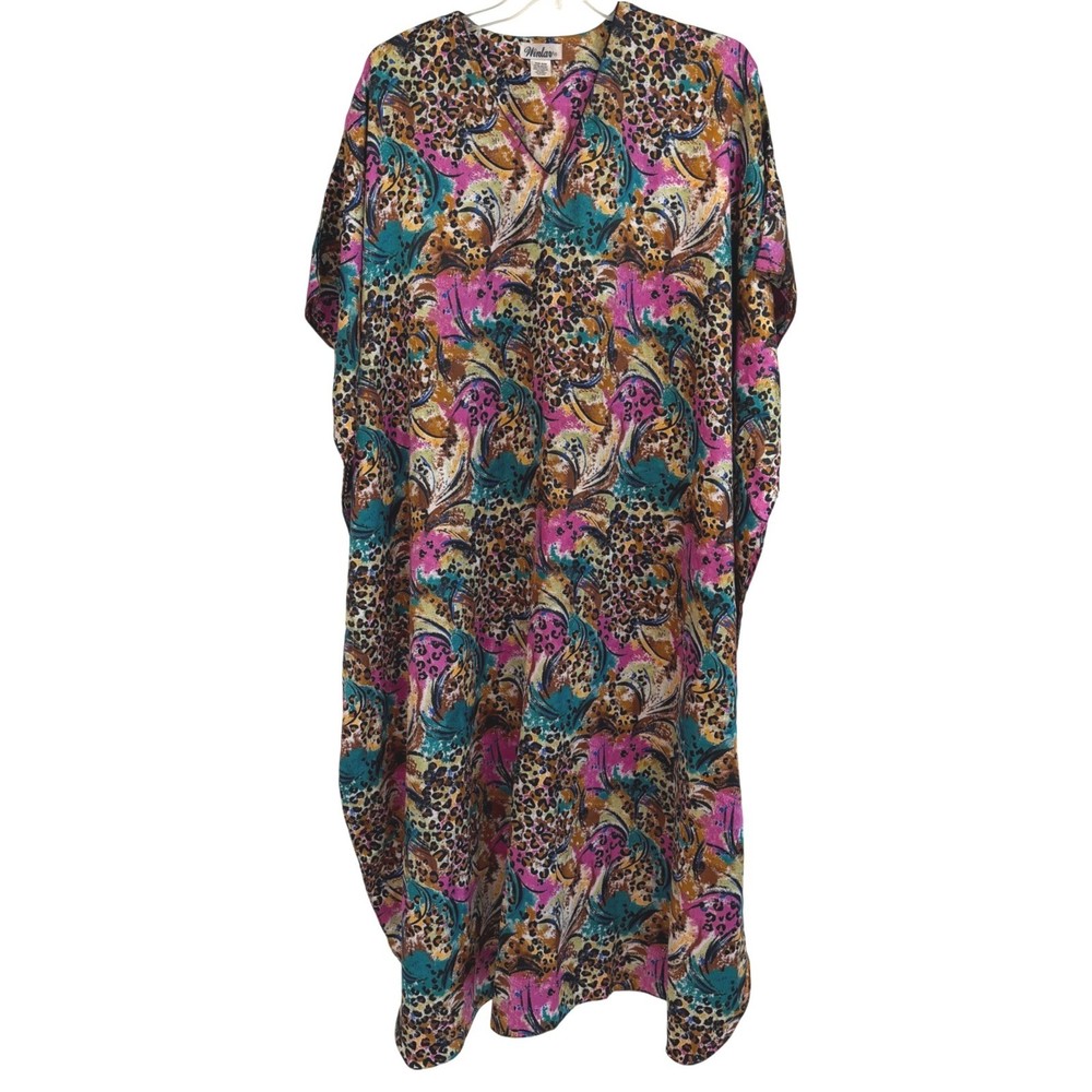Winlar Vtg Kaftan Lounger Pink Teal Leopard Print Maxi Dress One Size Fits Most