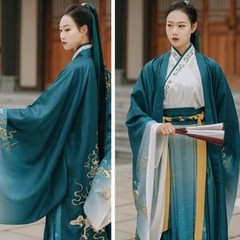 Men Women Chinese Style Tang Suits Hanfu Green Embroidery Big Sleeve Tops Skirt