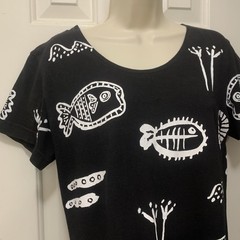 M. Mac Cotton Fields Fish Print Shift Dress Small Black White Made USA Cotton