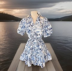Sugarlips White Blue Etchings Collared Puff Sleeve Mini Ruffle Hem Puff Sleeve
