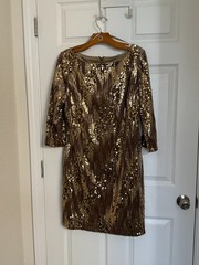 Eliza J Taupe Velvet & Gold Sequin Geometric Sheath Dress Size 14