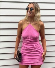 Luxe Natalie Rolt Poppy Pink Linen Mini Dress Halter Made in Australia