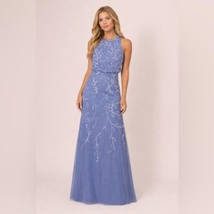 Adrianna Papell Beaded Mesh Gown Blue Floral Formal Bridesmaid SZ 8 NWT Blouson