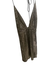 Silver Sequin Metallic Halter Mini Dress Y2K Party Low Cut Small S