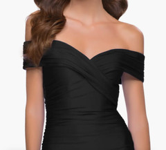 LA FEMME OFF THE SHOULDER STRETCH JERSEY THIGH SLIT BLACK GOWN sz 4