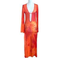 Caroline Constas Tropical Mesh Cover Up Maxi Dress M Med Orange Resort Beach NWT