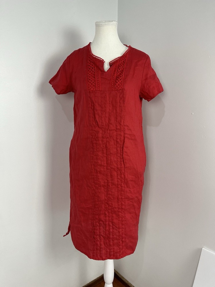 Black Pepper 100% Linen Shift Dress Size 8 Red Broderie Box Pleat Pockets