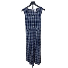 Kathie Lee Womens Navy Blue White Plaid Button Front Tie Back Maxi Dress Size 8