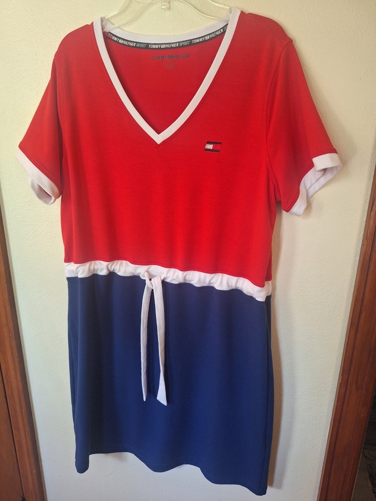 Tommy Hilfiger Sport V Neck Red Blue Colorblock Tiewaist Dress Logo Medium