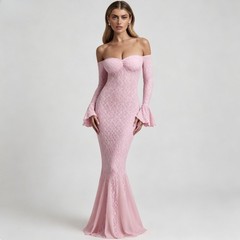 Off The Shoulder Pink Lace Mermaid Formal Dresses Long Flare Sleeve Evening Gown