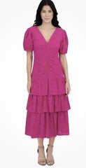 kensie Embroidered Layered Puff-Sleeve Maxi Dress Women&rsquo;s 12 Hot Pink Back Zip