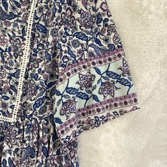 Roman Blue White Pink Floral A-Line Dress V-Neck Knee 18 Button Tassel