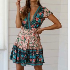 ZESICA Floral Wrap Mini Dress V-Neck Ruffle Flutter Sleeve Boho Womens Small