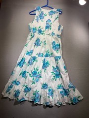 J Crew Re-Imagined Dress Womens 12 White Blue Floral Tiered Ruffle Cotton Midi