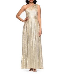 Betsy & Adam Champagne Gold Metallic Floral One-Shoulder Gown Size 12 $278