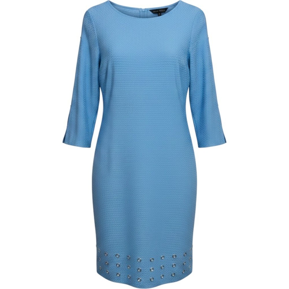 Ming Wang Blue Textured Knit Grommet Hem Sheath Dress Split Sleeve Womens M