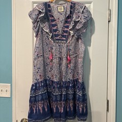 BELL Women’s XL Blue Pink White Floral V-Neck Flutter Sleeve Tassel Midi Dress