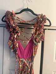 Women’s Multicolor Floral V-Neck Backless Maxi Dress Ruffle Straps One Size