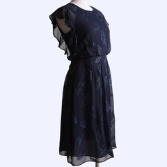 BCBGMAXAZRIA Navy Blue Metallic Silk Flutter Sleeve Knee Length Dress