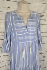 Tommy Bahama Blue Chambray Striped Peasant Dress XS Cotton Bell Sleeve Tassels