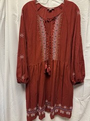 Know Rose Boho Peasant Women&rsquo;s Dress Embroidered Maroon XXL Tassle Tie Pockets