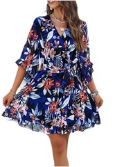 Women Mini Dress, Deep V-Neck Long Sleeve Waist Tie Ruffle Black Dress, Size S