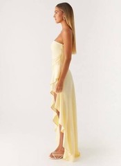 Peppermayo Bodie Yellow Solid Satin Maxi Dress Strapless Asymmetric Ruffle 6 NWT