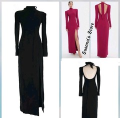 NWT BCBG MAXAZRIA SIZE M BLACK HIGH NECK TIE OPEN BACK SIDE SLIT GOWN DRESS