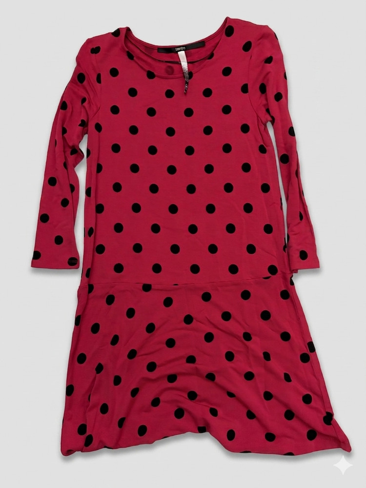 Kensie Fit & Flare Red and Black Polka Dot Dress | Long Sleeve, Scoop Neck