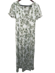Inspired Hearts White/Green Floral V-Neck Short Sleeve Maxi Dress L Ruffle