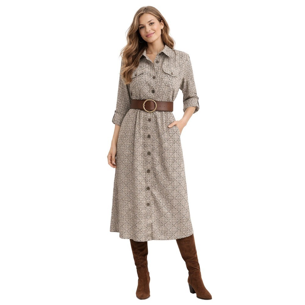 NY Collection Geometric Medallion Print Roll Tab Shirt Dress Tan Black STD1038 M