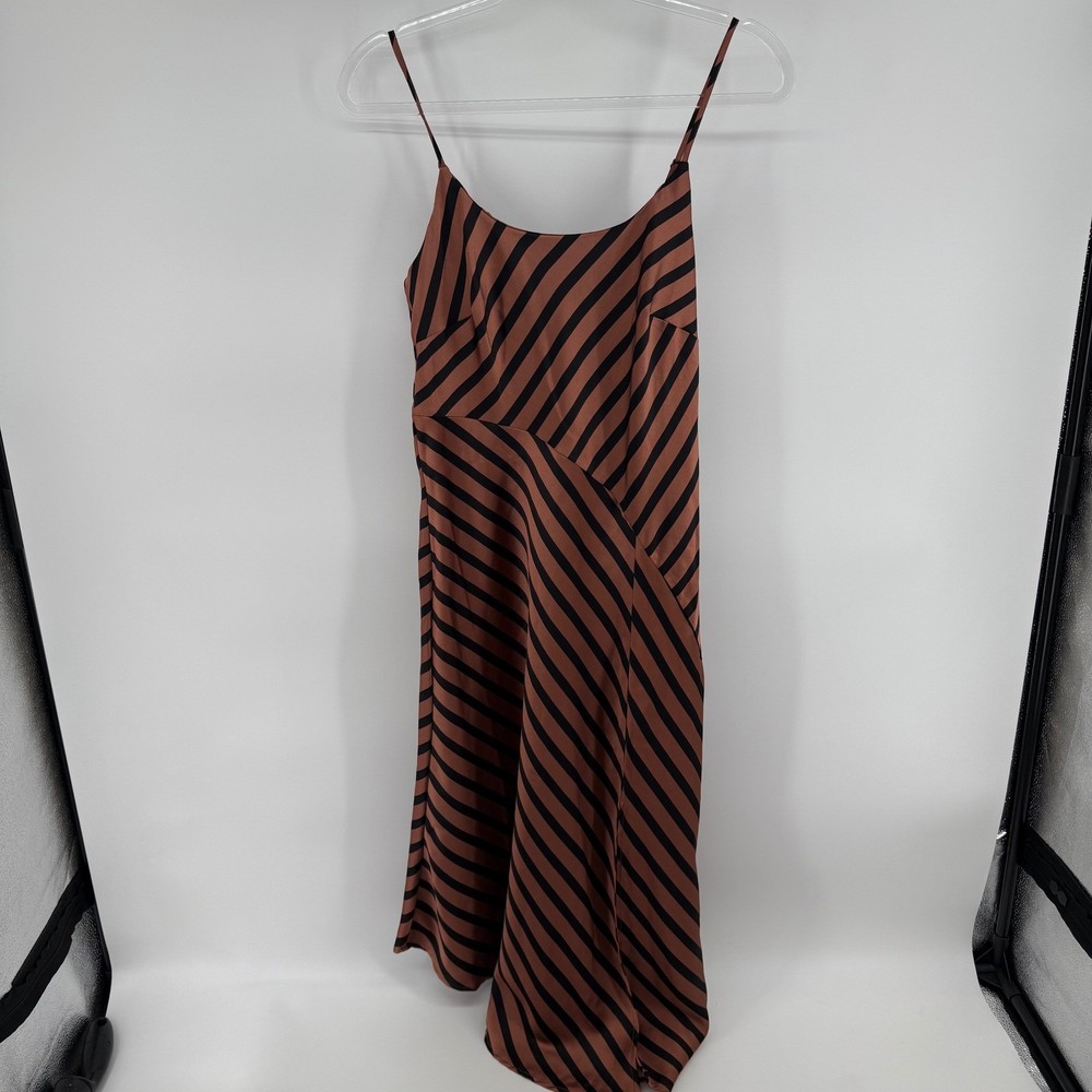 A New Day Brown Black Stripe Midi Slip Dress Spaghetti Strap Asymmetrical Size S