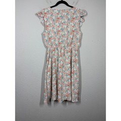 Roolee Mom Size Small Ruffled Shift Dress Tan Floral Side Pocket Flutter Sleeves