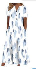 White Blue Abstract V-Neck Button Front Short Sleeve Long Shift Dress Pockets M