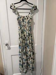 Agua Bendita Leandra Dress Size M Smocked Bodice Leg Slit Maxi EUC Side Slit