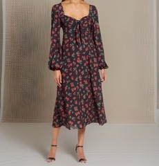 Fourteenth Place Floral Midi Dress – Sz L – Sweetheart Tie Neckline, Puff Sleeve