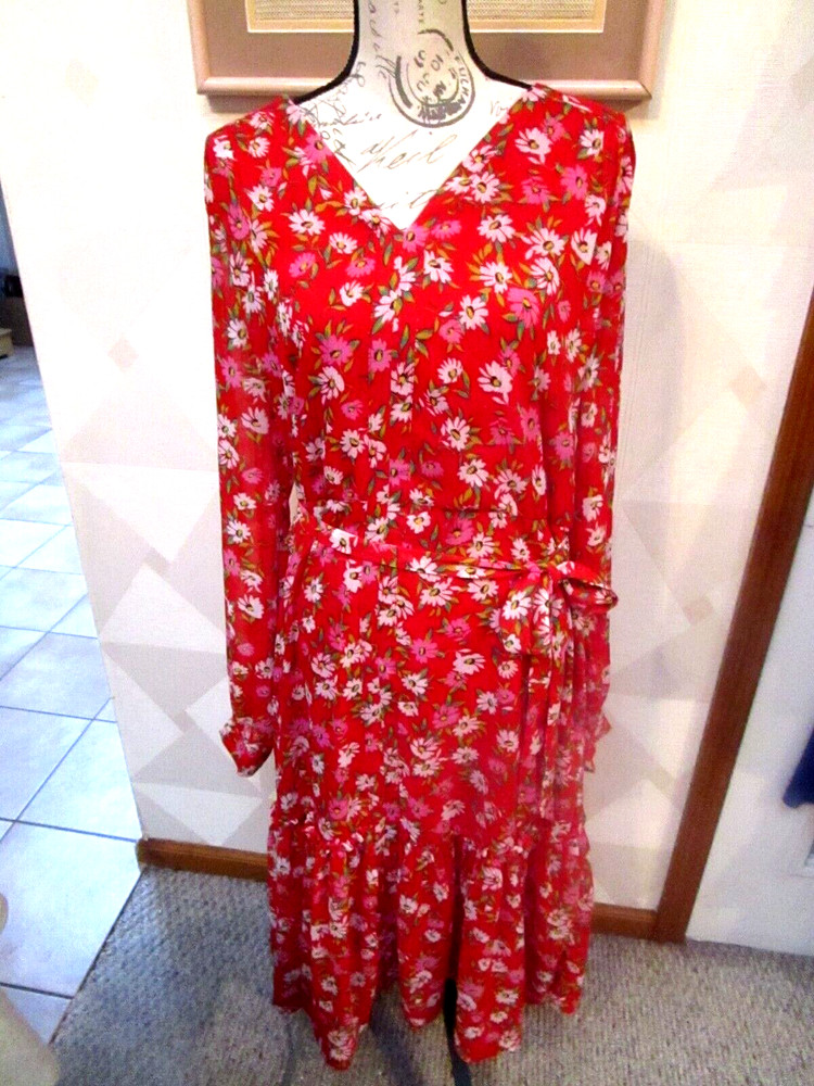 DRAPER JAMES-RED/MULTI-FLORAL-SPLIT NECK-LONG SLEEVE-CHIFFON-DRESS-SIZE-XL-NWT