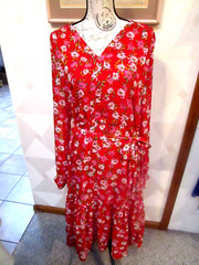 DRAPER JAMES-RED/MULTI-FLORAL-SPLIT NECK-LONG SLEEVE-CHIFFON-DRESS-SIZE-XL-NWT