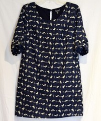 LILY ROSE size S Shirtdress Paisley Bird Pattern Navy Blue Roll-Tab Cuff NWT
