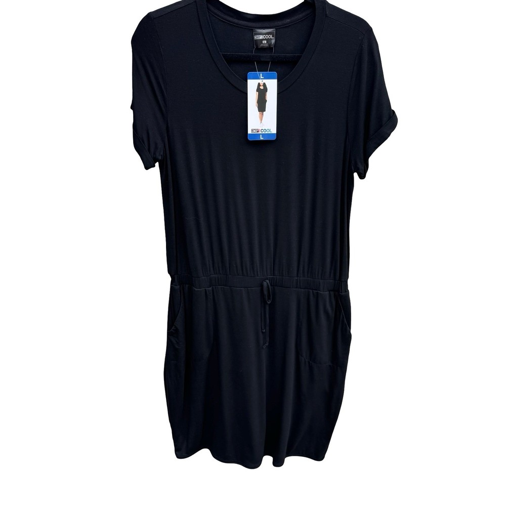 32 Degrees Cool Womens Black Short Sleeve Drawstring Pocket T-Shirt Dress L NEW