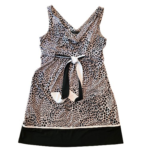 BCBG Maxazria L V Neck Dress Beige Brown/Black Floral Knee Length Sleeveless