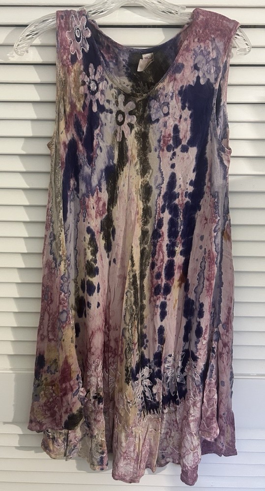 India Boutique Tie Dye Rayon Sleeveless Bohemian Hippie Dress Embroidered OS