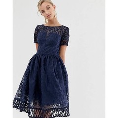 Chi Chi London Navy Lace Fit and Flare Royalcore Vintage Style Dress (UK 14)