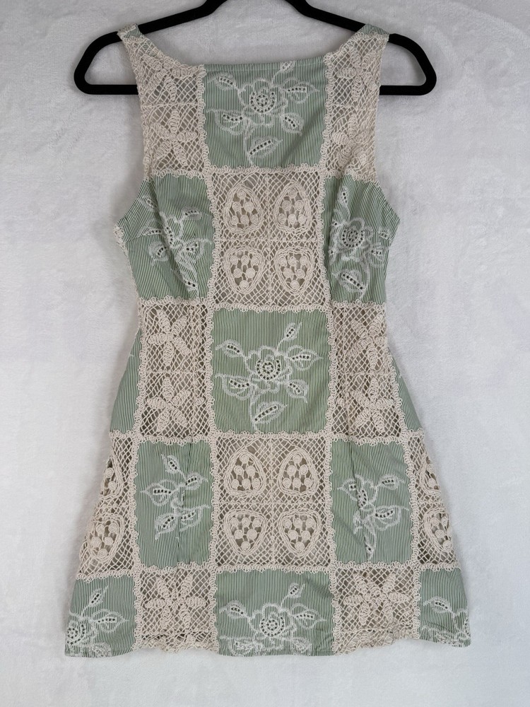 Sofie The Label Carmine Patchwok Crochet Mini Dress Womens SZ M Green/Ivory Boho
