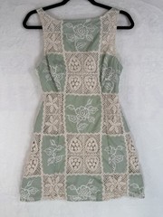 Sofie The Label Carmine Patchwok Crochet Mini Dress Womens SZ M Green/Ivory Boho