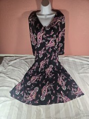 TALBOTS Womens Fit & Flare Dress Black Pink Green Paisley 3/4 Sleeve Midi L NWT
