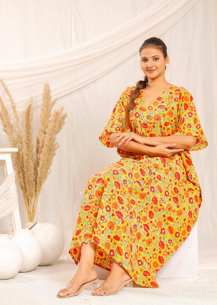Hand Block Printed Kaftan – Lightweight Resort Wear for Women Cotton Boho Dress