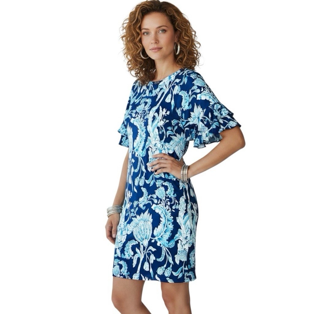 Tango Mango Dress SeaBreezes Tropical Floral Cha-Cha Sleeve Blue Pullover Sz S