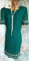 denise elle silk green 20s Deco vintage beaded Occasion wedding evening dress 16
